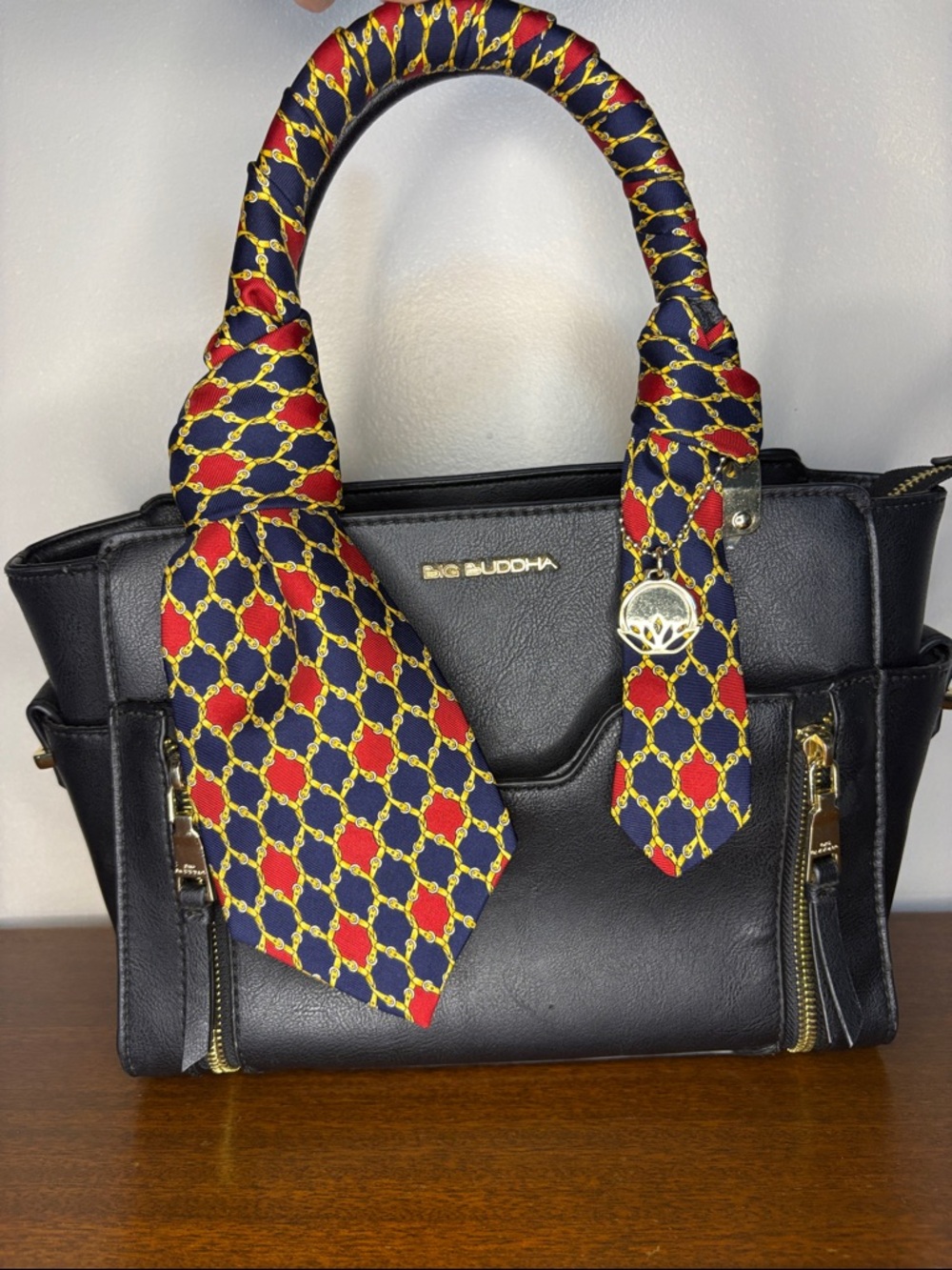 Big Buddha Black Satchel with Navy & Red Burt Pulitzer tie wrapped Handles